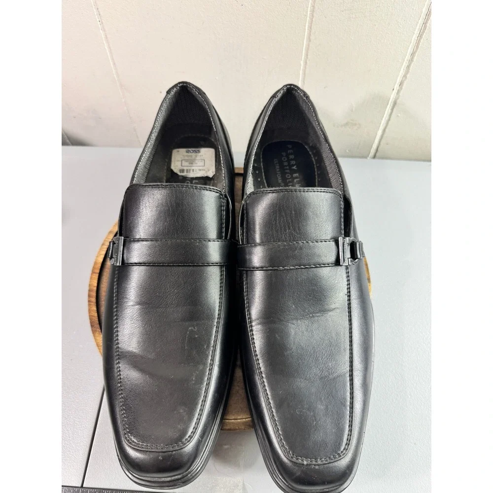Perry Ellis Clipper RB Loafers Mens 10 Black Good Square Toe Bit Detail Slip On